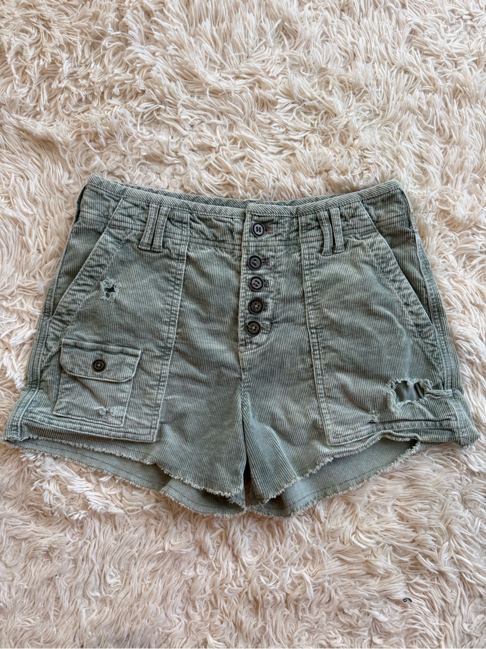 Pilcro The Wanderer Corduroy Cargo Shorts Green Distressed Raw Hem Size 27